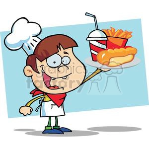 Boy Chef Holding Hot Dog Drink And French Fries
