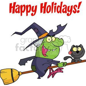Happy Holidays Greeting With Harrison Rode A Broomstick with A Cat