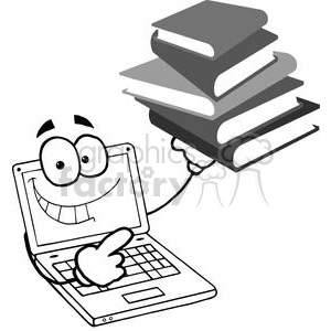 Laptop Cartoon hold a pile of books