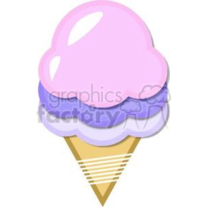 The image displays a colorful ice cream cone with two scoops. The top scoop is pink, and the bottom scoop is a shade of purple or lavender. The cone itself has a classic waffle pattern with diagonal lines. It's a stylized, cartoon representation of a popular frozen treat often associated with warm weather and summertime enjoyment.