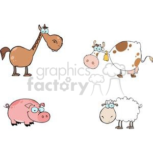 The clipart image depicts a collection of cartoon farm animals with a humorous and exaggerated style. From top left to bottom right, there is a comically drawn brown horse with big blue eyes and a curiously placed neck, a white and brown spotted cow with a bell hanging from its neck and an amusingly large nose, a pink pig with spots and a cheerful expression, and a fluffy white sheep with a funny surprised look on its face.