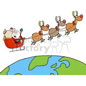 Team of Reindeer And Santa in His Sleigh Flying Above The Globe