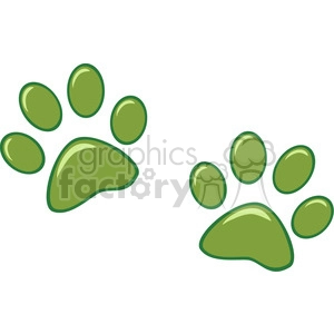 The image depicts a set of two green animal paw prints. Each paw print consists of a larger pad with four smaller oval pads above it, arranged in a typical cartoon style to represent the footprints of a four-footed animal.