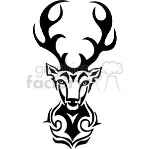 This is an image of a stylized, tribal-inspired outline of a deer. The design is symmetrical, with elaborate shapes and curves that form the deer's antlers, head, and neck. The image has bold, black lines and appears to be designed for uses such as a tattoo, a vinyl decal, or a logo due to its clean, simplified, and graphic quality.