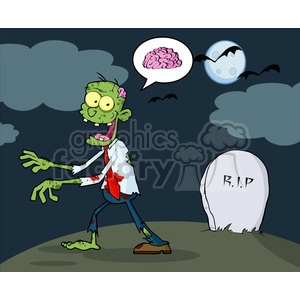 5079-Cartoon-Zombie-Walking-With-Hands-In-Front-And-Speech-Bubble-With-Brain-Royalty-Free-RF-Clipart-Image