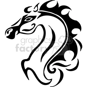 The image is a stylized black and white vector clipart of a horse head. It appears to be designed in a tribal or tattoo art style, which would make it suitable for various applications like vinyl decals, tattoos, or graphical elements in prints.
