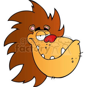 The image features a comical, cartoon-style lion with an exaggerated expression. It has a big, open mouth, likely meant to convey a roar or laugh. The lion has a large nose, googly eyes, messy mane, and shows large teeth and a tongue, which adds to its goofy and funny appearance.