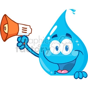 12869 RF Clipart Illustration Smiling Water Drop Holding Up A Megaphone Over A Sign