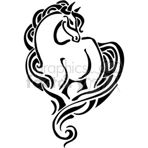 The image is a vector silhouette of a stylized horse, designed in a tattoo-like or tribal art style, with fluid and ornamental lines reminiscent of a vinyl-ready graphic. This monochromatic artwork is ideal for use in various applications such as tattoo design, decals, vinyl graphics, or any artistic work requiring bold outlines and an emblematic representation of a horse.