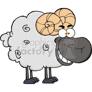 The clipart image shows a cartoon ram. It has a comical appearance with a fluffy white body, large spiral horns, wide eyes, and an exaggerated smiling expression. The ram is standing on its hind legs, and its fleece has decorative swirl patterns.