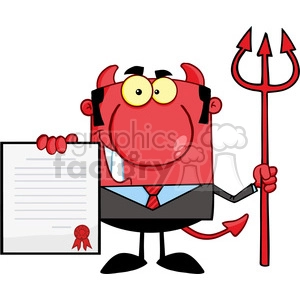 Royalty Free Smiling Devil Boss With A Trident Holds Up A Contract
