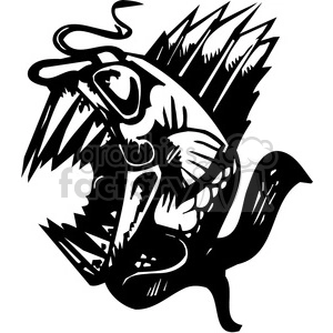 This image is a black and white clipart of a highly stylized, aggressive-looking piranha. It features exaggerated sharp teeth, prominent gills, and an open mouth in a biting position, which conveys a sense of ferocity. The fish is depicted with dynamic linework to enhance the aggressive appearance.