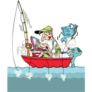 cartoon man fishing in a small boat with laptop