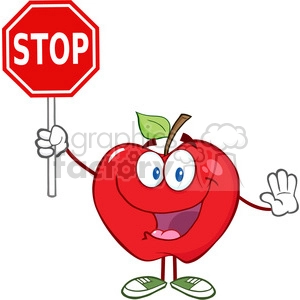 5793 Royalty Free Clip Art Apple Cartoon Mascot Character Holding A Stop Sign