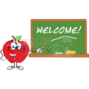Smiling Apple Teacher Character With A Pointer In Front Of Chalkboard
