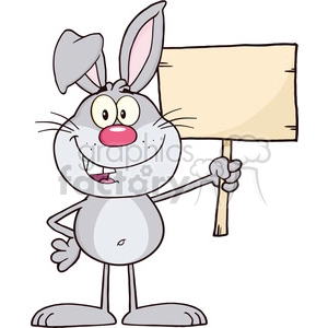 Royalty Free RF Clipart Illustration Funny Gray Rabbit Cartoon Character Holding A Wooden Board