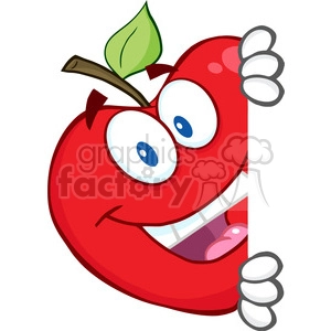 5799 Royalty Free Clip Art Smiling Red Apple Hiding Behind A Sign