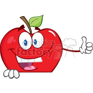 5765 Royalty Free Clip Art Smiling Apple Cartoon Mascot Character Holding A Thumb Up Over Blank Sign