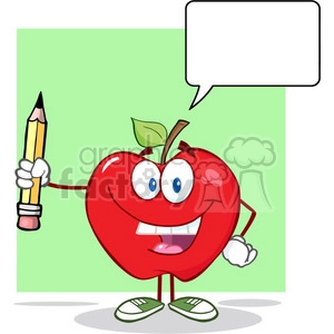 5787 Royalty Free Clip Art Happy Red Apple Holding Up A Pencil With Speech Bubble