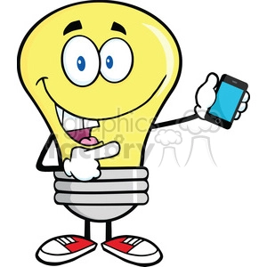 6091 Royalty Free Clip Art Light Bulb Character Holding A Mobile Phone