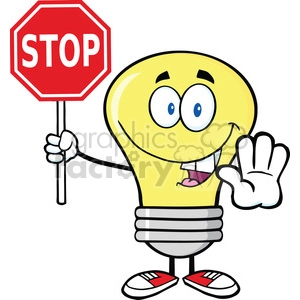 6064 Royalty Free Clip Art Light Bulb Cartoon Character Holding A Stop Sign