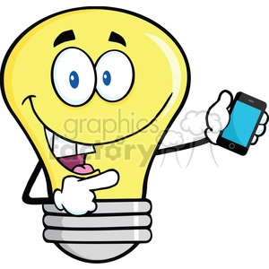 6163 Royalty Free Clip Art Light Bulb Character Holding A Mobile Phone