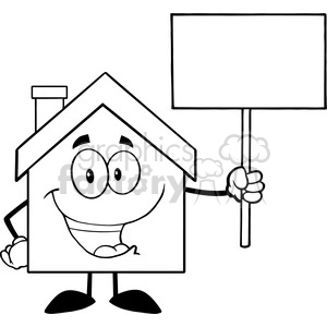6479 Royalty Free Clip Art Black and White House Cartoon Character Holding Up A Blank Sign