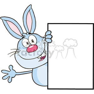 Royalty Free RF Clipart Illustration Cute Blue Rabbit Cartoon Character Looking Around A Blank Sign And Waving