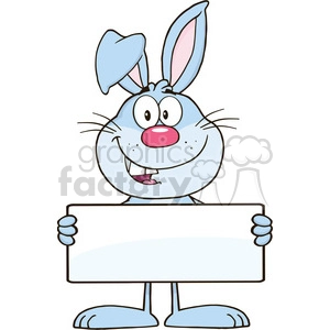 The image shows a funny comic-style bunny character. The rabbit has a playful expression and is holding a blank sign that can be customized with text or graphics. The rabbit has blue fur with pink inner ear detail, and its wide eyes and open-mouthed smile give it an excited and inviting appearance.