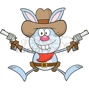 Royalty Free RF Clipart Illustration Cowboy Blue Rabbit Cartoon Character Holding Up Two Revolvers