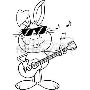 Royalty Free RF Clipart Illustration Black And White Funny Rabbit With Sunglasses Playing A Guitar And Singing