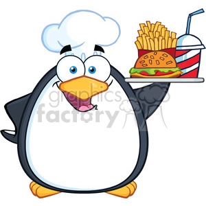 The image displays a cartoon penguin wearing a chef's hat. The penguin appears happy or excited and is holding a tray with a cheeseburger, a side of fries, and a soda with a straw.