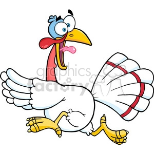 This is a clipart image of a cartoon turkey with large, exaggerated features. The turkey appears to be running or in motion, with one wing extended outward, and the other tucked in. It has a comical expression, with wide eyes and a beak that's open as if surprised or yelling. The turkey's tail feathers are stylized with stripes, and it has skinny, yellow legs with large, flat feet mid-stride.