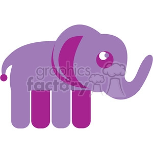 The clipart image shows a purple elephant. It is a stylized, vector graphic representation of an elephant that has been colored in shades of purple. The elephant is standing with its trunk raised and its ears outstretched. It is depicted in a simplified, cartoon-like style that is often used for illustrations or designs.
