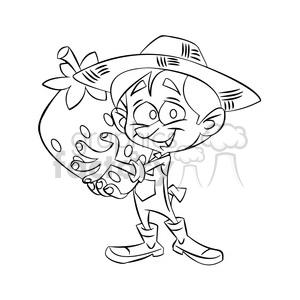 vector black and white cartoon farmer holding a huge strawberry