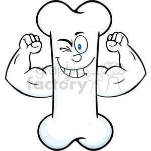 The clipart image shows a cartoon illustration of a strong, anthropomorphic bone with muscular arms, a smiling face, and a single blue eye. The bone is flexing its muscles as if showing off its strength.