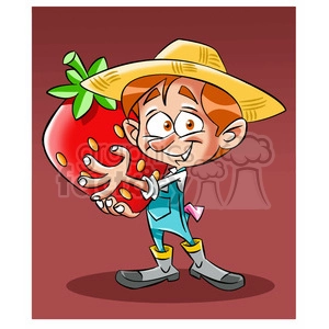 vector cartoon farmer holding a huge strawberry