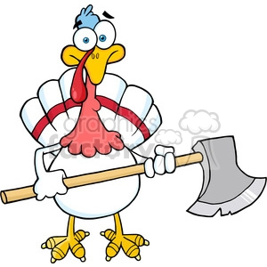 The clipart image depicts a cartoon turkey. The turkey is standing upright and has a surprised or shocked expression. It is holding an axe in its right wing as if it's trying to protect itself. This turkey has the typically exaggerated features of a cartoon, including large eyes, a long wattle (the red fleshy part hanging from its neck), and a tail fan with alternating white and red stripes. 