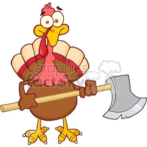 The clipart image displays a cartoon turkey looking alarmed and running. The turkey has a large plumage with alternating light and dark feather tips, a red snood hanging from its beak, and is carrying a wooden stick with a large axe blade attached to it. The turkey has big eyes, indicating a sense of panic or urgency, which is fitting for a humorous take on the Thanksgiving theme, where turkeys are traditionally eaten as part of the celebration meal.