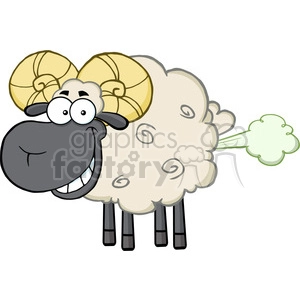 Royalty Free RF Clipart Illustration Smiling Black Head Ram Sheep Cartoon Mascot Character With Fart Cloud