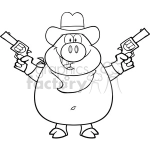 This clipart image features a cartoon-style drawing of a pig standing upright, wearing a cowboy hat, and holding guns in both hands as if it were a wild west gunslinger. The pig has a humorous look, with a large snout, big ears, and a friendly smile.