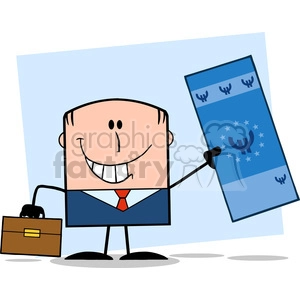 Royalty Free RF Clipart Illustration Lucky Businessman With Briefcase Holding A Euro Bill Cartoon Character On Background