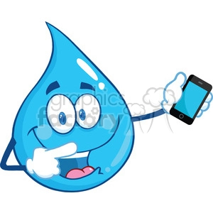 Royalty Free RF Clipart Illustration Water Drop Character Pointing To A Mobile Phone