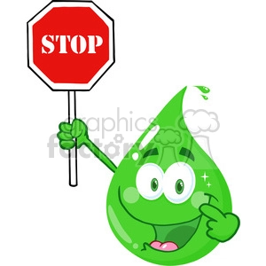 Royalty Free RF Clipart Illustration Eco Green Drop Character Holding A Stop Sign