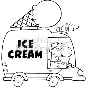 Royalty Free RF Clipart Illustration Black And White Happy Ice Cream Man Driving Truck