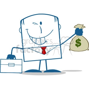 Royalty Free RF Clipart Illustration Winking Businessman With Briefcase Holding A Money Bag Monochrome Cartoon Character