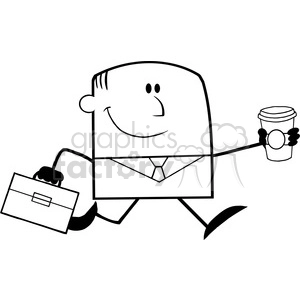 Royalty Free RF Clipart Illustration Black And White Lucky Businessman Running To Work With Briefcase And Coffee Cartoon Character