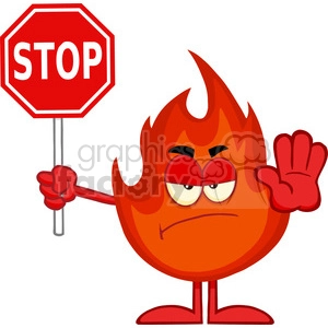 Royalty Free RF Clipart Illustration Angry Fire Cartoon Mascot Character Holding A Stop Sign