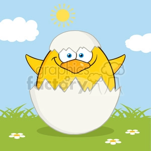 8623 Royalty Free RF Clipart Illustration Surprise Yellow Chick Cartoon Character Out Of An Egg Shell Vector Illustration With Background