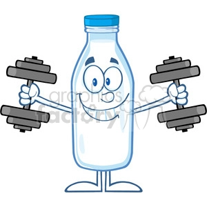 Royalty Free RF Clipart Illustration Smiling Milk Bottle Cartoon Mascot Character Training With Dumbbells